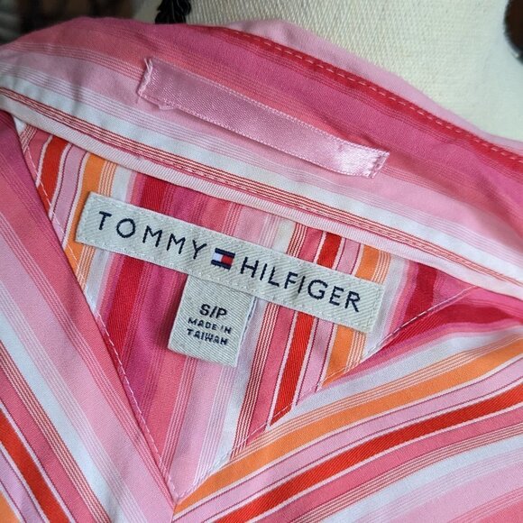 Tommy Hilfiger Size Small Pink/Orange/White Diagonal Stripe Button Front Shirt - Picture 6 of 9
